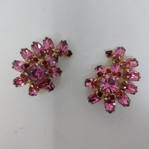 Vintage La Rel Rhinestone Clip Earrings Pink Red Climber Signed MCM 1.25"
